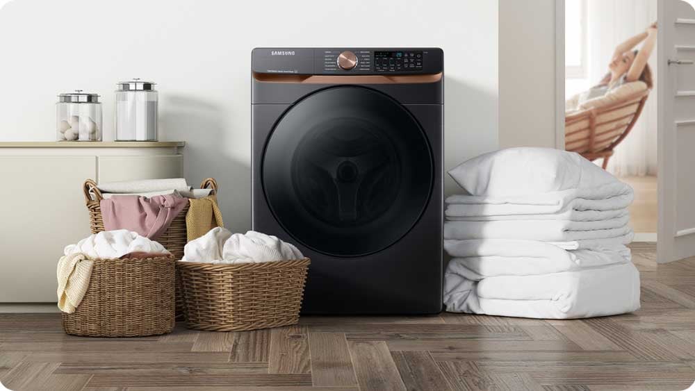 Samsung front-load washer and dryer set in a modern laundry space